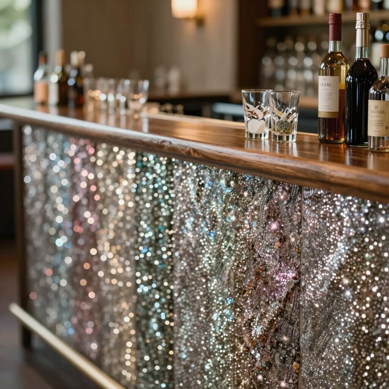 A sophisticated glitter bar with various textures and colors, elegantly presented for a wedding reception.