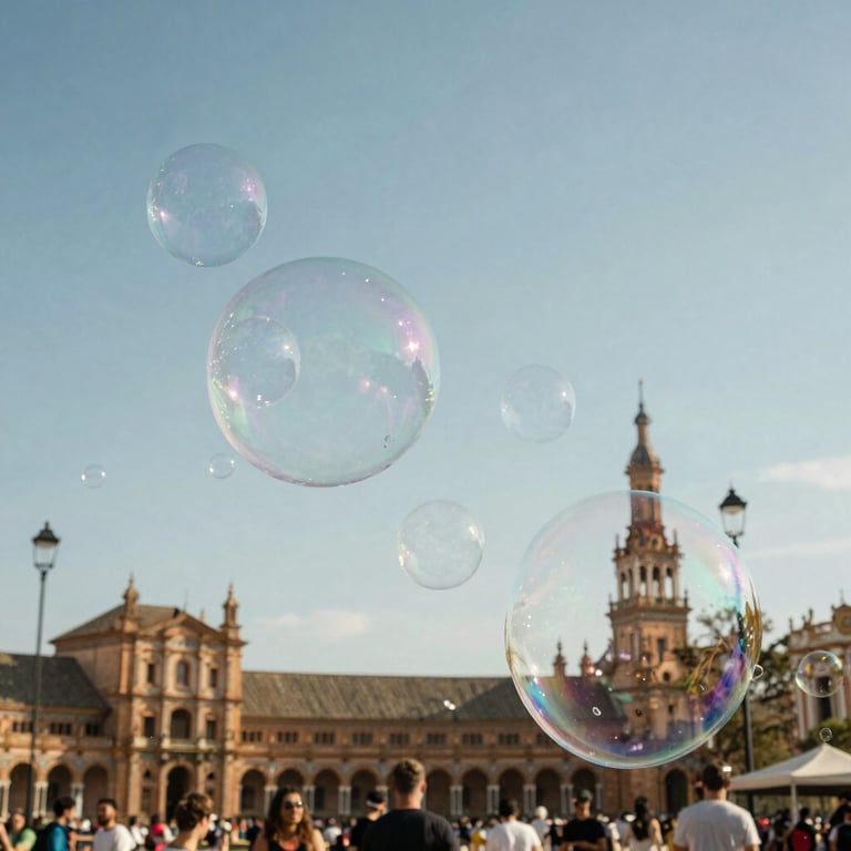 Giant soap bubbles floating in the air during a sunny outdoor celebration in Sevilla.