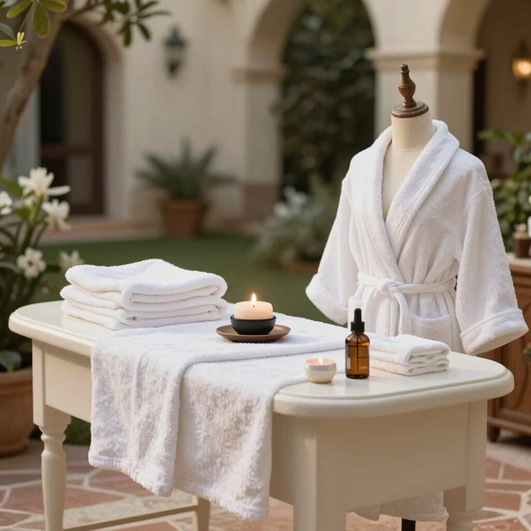 A luxury children's spa beauty station with soft robes and elegant decor in a Spanish garden.