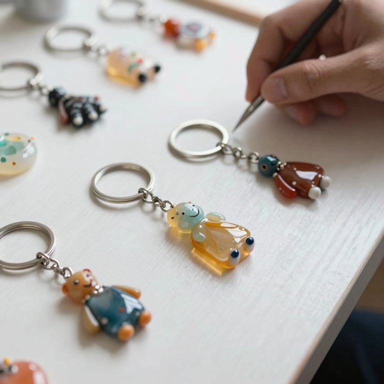 Close-up of a creative workshop with resin keyrings and colorful charms on a white wooden table.