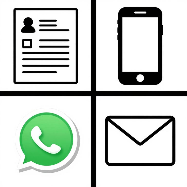 Communication icons featuring a resume document, smartphone, WhatsApp logo, and email envelope.