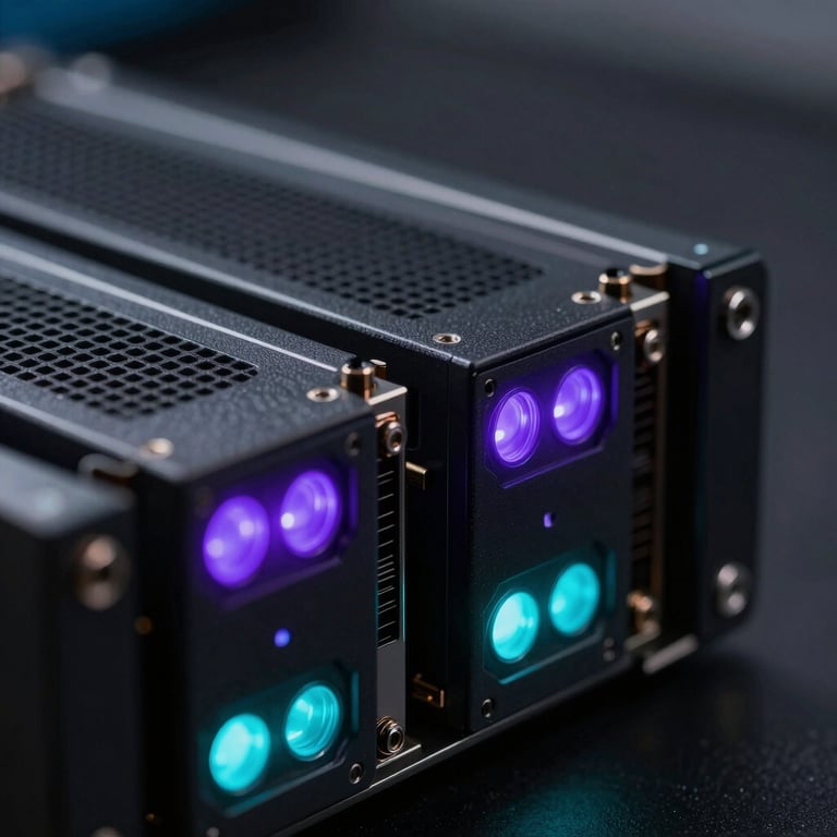 Macro close-up of high-end server hardware with violet and cyan LED indicators, dark cyber-noir atmosphere, technical precision