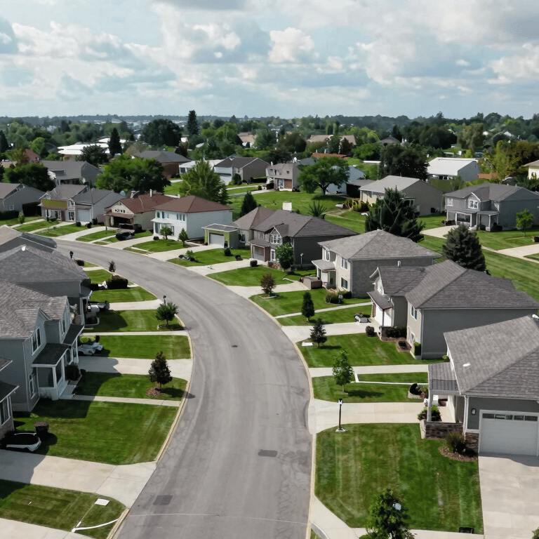 A wide-angle shot of a luxurious modern North American / US suburban home with a manicured sage green lawn at sunset.