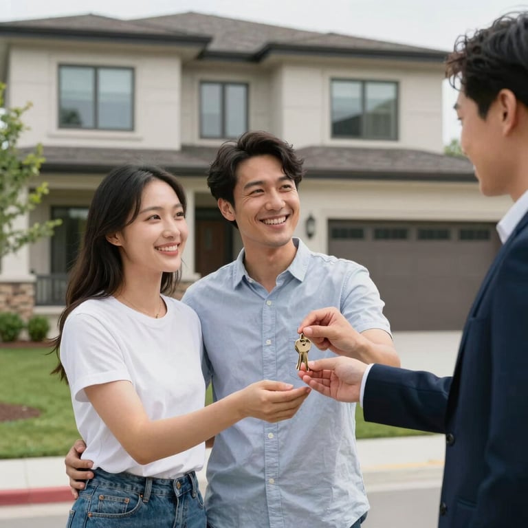 A happy couple receiving keys from a professional agent in front of a modern North American / US property, professional lighting.