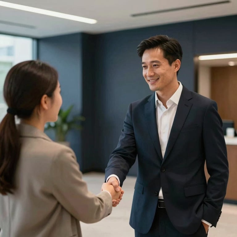 A professional real estate agent shaking hands with a client in a modern North American / US office lobby with dark navy walls.