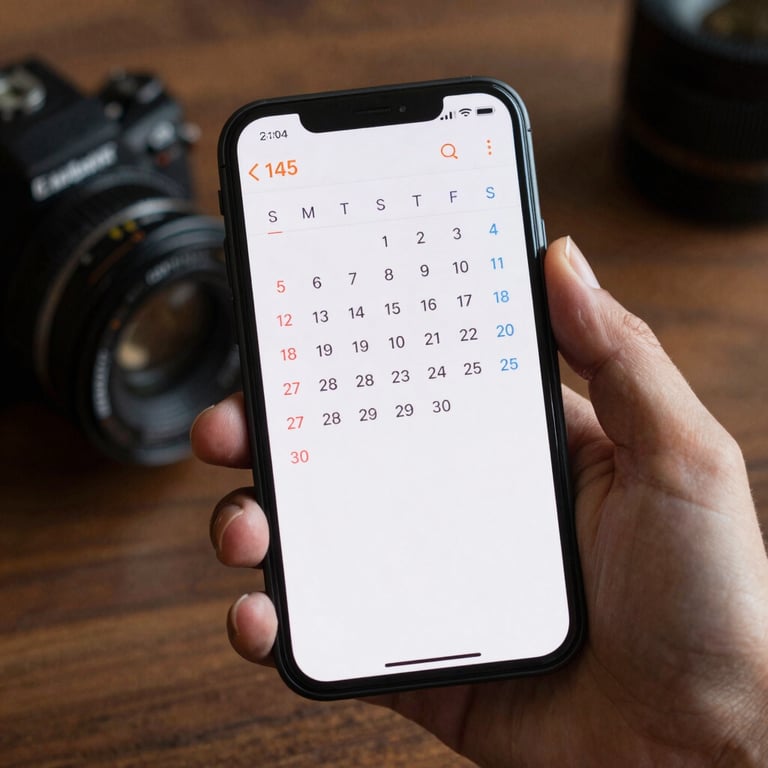 A close-up of a high-end smartphone showing a calendar booking confirmation, held by a professional in a North American / US setting.