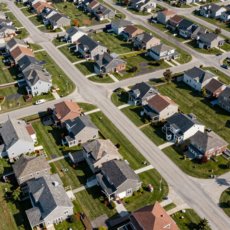 Aerial view of a clean, well-planned North American / US residential neighborhood with green spaces and modern architecture.