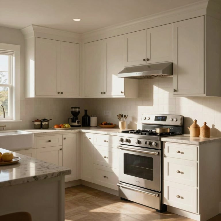 An interior shot of a sun-drenched North American / US modern kitchen with premium finishes and off-white cabinetry.