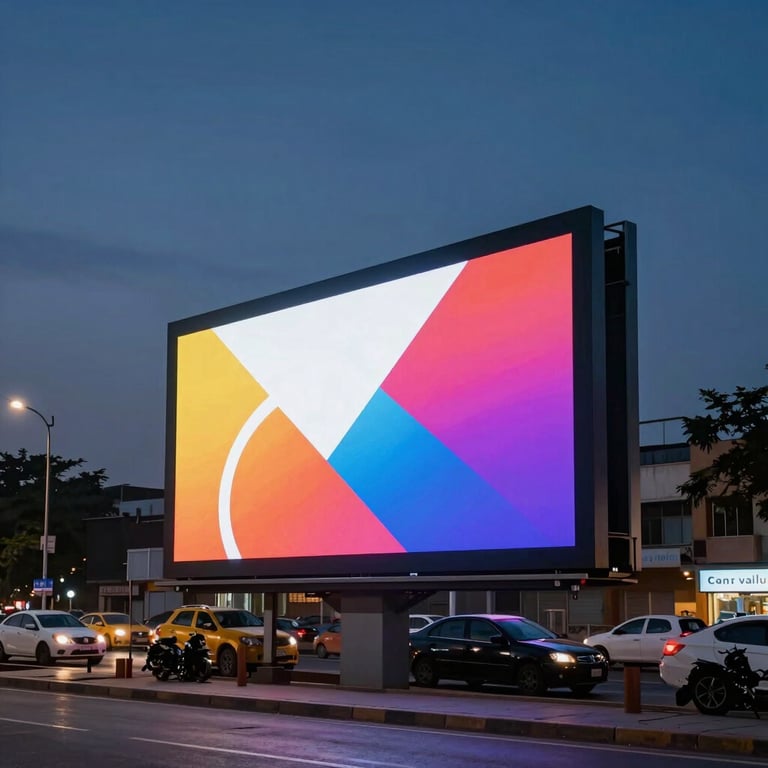 Wide panoramic view of a premium digital billboard on a high-traffic Lahore boulevard at dusk, displaying a vibrant corporate ad, glowing sharp contrast against the dark twilight sky.