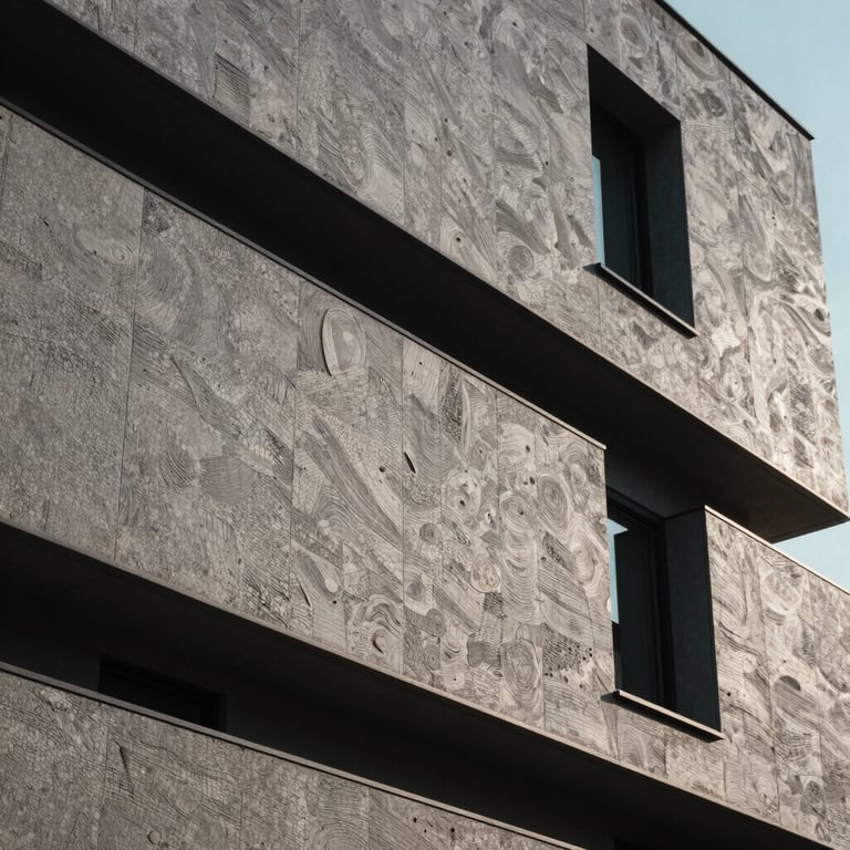 External view of a building facade with modern textured finishing, highlighting durability and high-quality construction aesthetics.