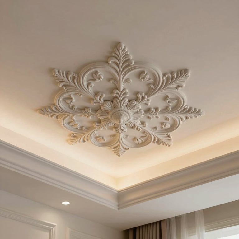 Close-up of a decorative plaster ceiling finish in a luxury home, displaying meticulous craftsmanship and soft ambient lighting.