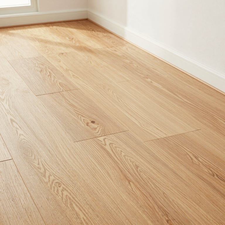 Elegant wooden flooring installation in a bright room, showing the perfect alignment and sophisticated texture of the materials.