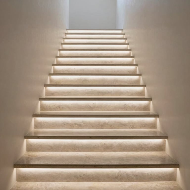 Interior view of a minimalist staircase with integrated lighting and flawless stone steps, reflecting precision and reliability.