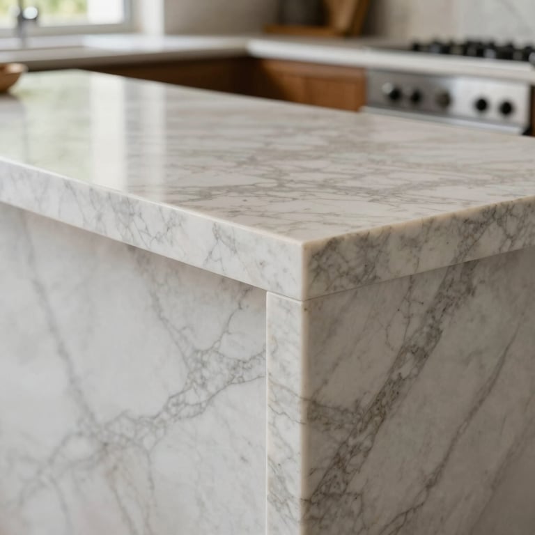 Detail of a perfectly installed marble kitchen island in a South American residence, lighting focusing on the smooth edges and professional finish.