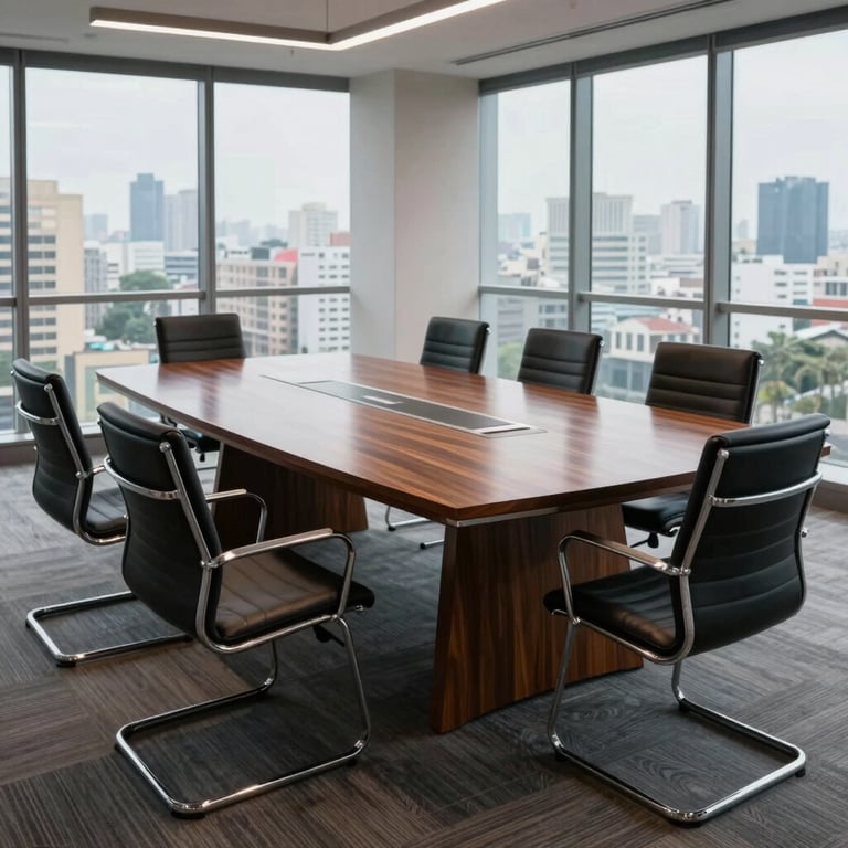 A sleek, modern boardroom table in a high-rise office in Bangladesh, with polished wood and chrome chairs, and large windows showing the city.