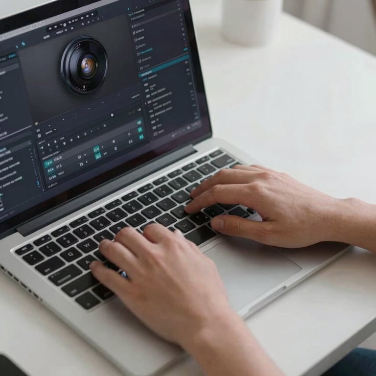 Detailed shot of hands using a high-end laptop with professional software open in a clean workspace with a soft charcoal and navy color palette.