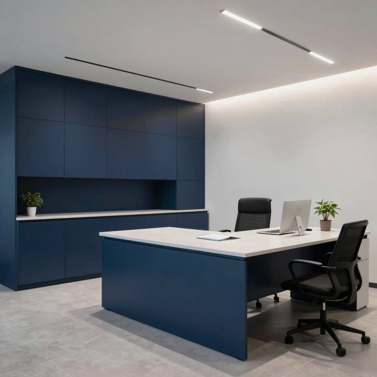 Wide-angle professional photography of a modern executive office in Dhaka, South Asian / Bangladeshi setting, featuring deep navy blue and light gray accents with minimalist decor.