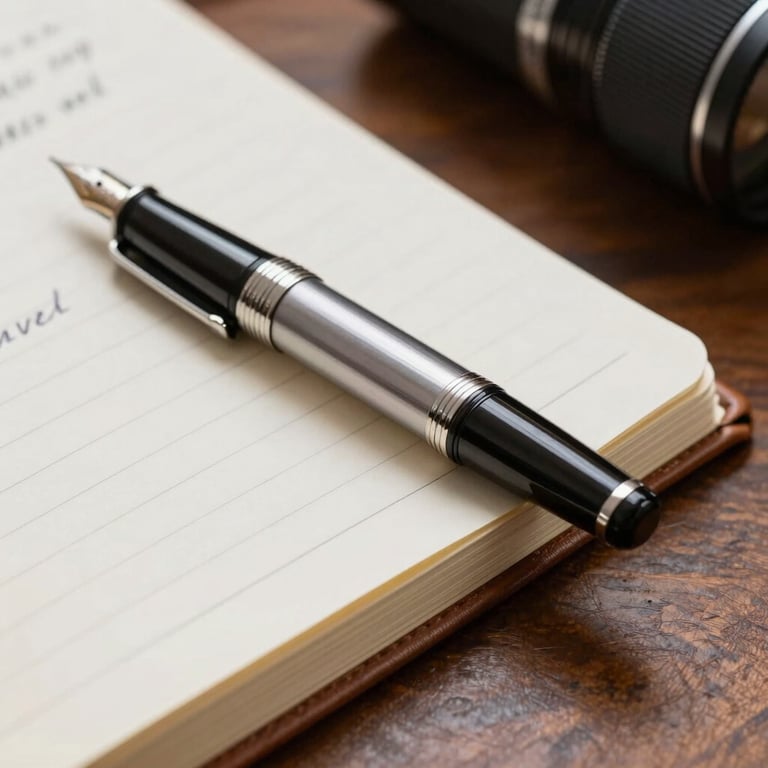 Close-up shot of a high-end fountain pen resting on a leather-bound journal with professional handwritten notes on a mahogany desk.