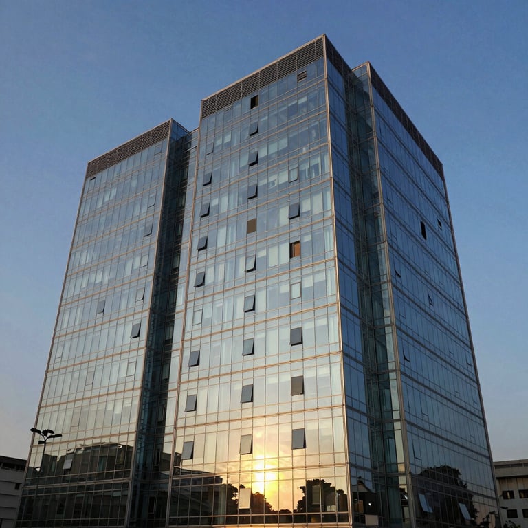 The exterior of a modern glass office building in the Gulshan district of Dhaka, Bangladesh, during golden hour, reflecting a clear navy blue sky.
