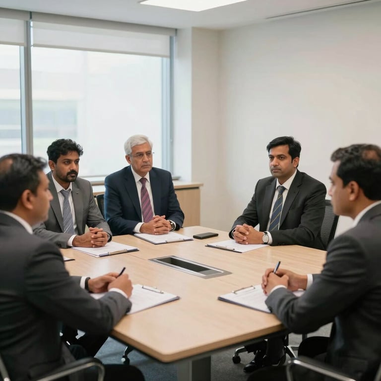 A group of South Asian / Bangladeshi business leaders in a focused discussion in a bright, contemporary conference room wearing professional business attire.