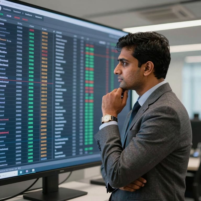 South Asian / Bangladeshi executive in professional attire looking thoughtfully at a large digital screen showing complex data tables in a modern office.