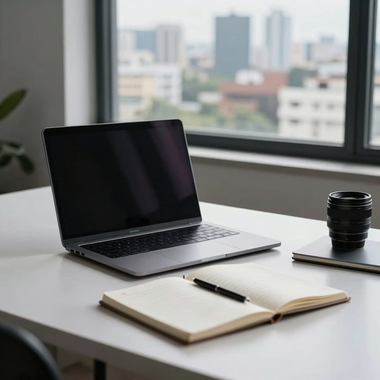 A clean, organized workspace with a laptop, a notebook, and a view of the Dhaka city skyline through a window in professional photography style.