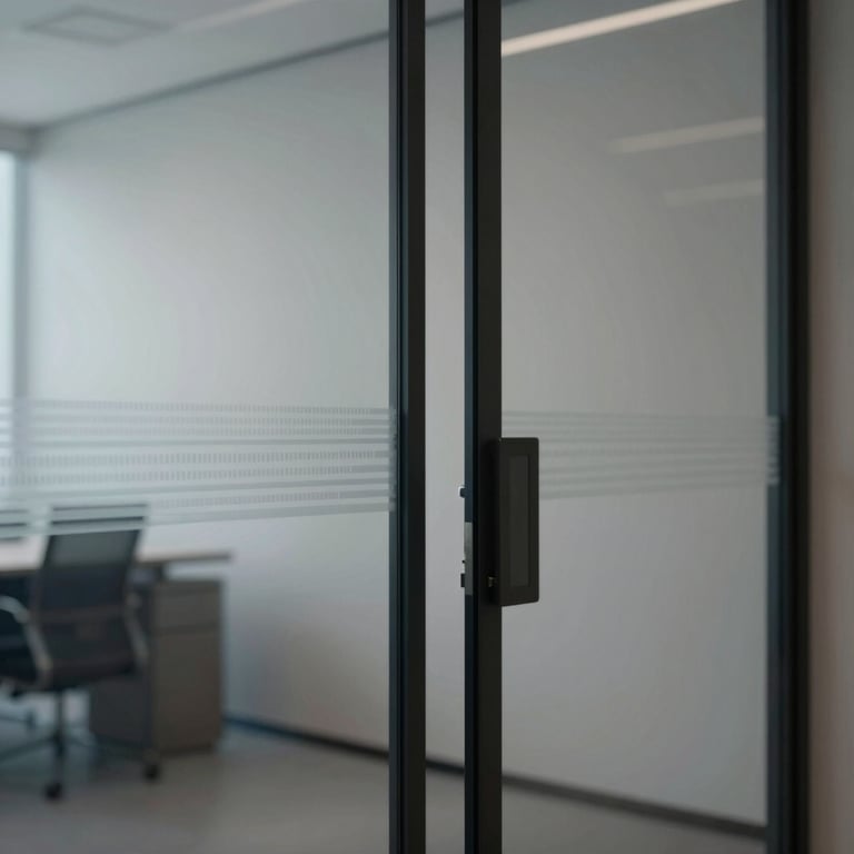 Minimalist office interior with a focus on a glass door featuring subtle premium brand patterns and neutral gray and navy color tones.