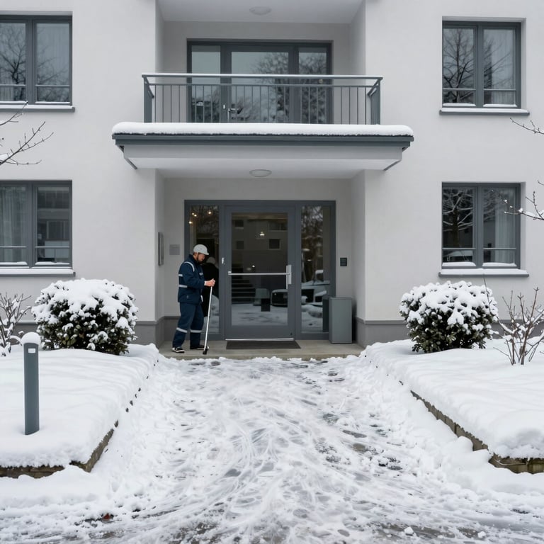 A clear, safe and snow-free entrance area of an apartment building after professional winter service in Germany.