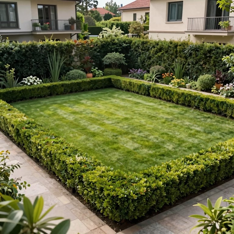 A perfectly manicured private garden with geometric lawn patterns and healthy green hedges in a Central European residential area.