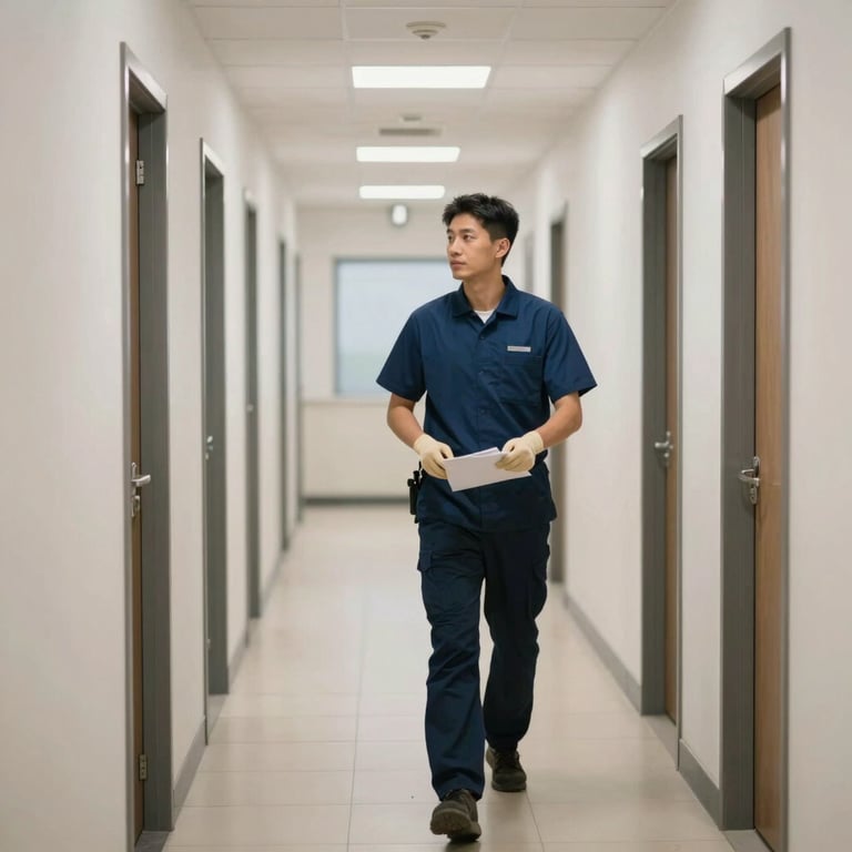 A clean, professional hallway of a commercial building, showing the results of meticulous janitorial services.