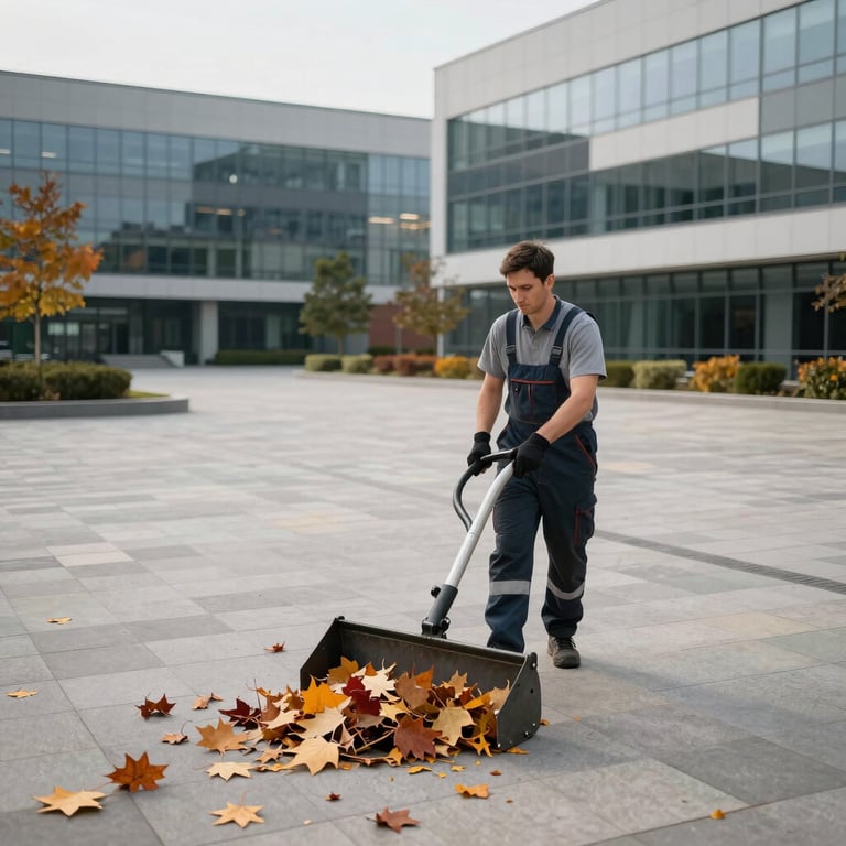 Professional leaf removal on a large paved courtyard of an office complex during autumn, clean and orderly.