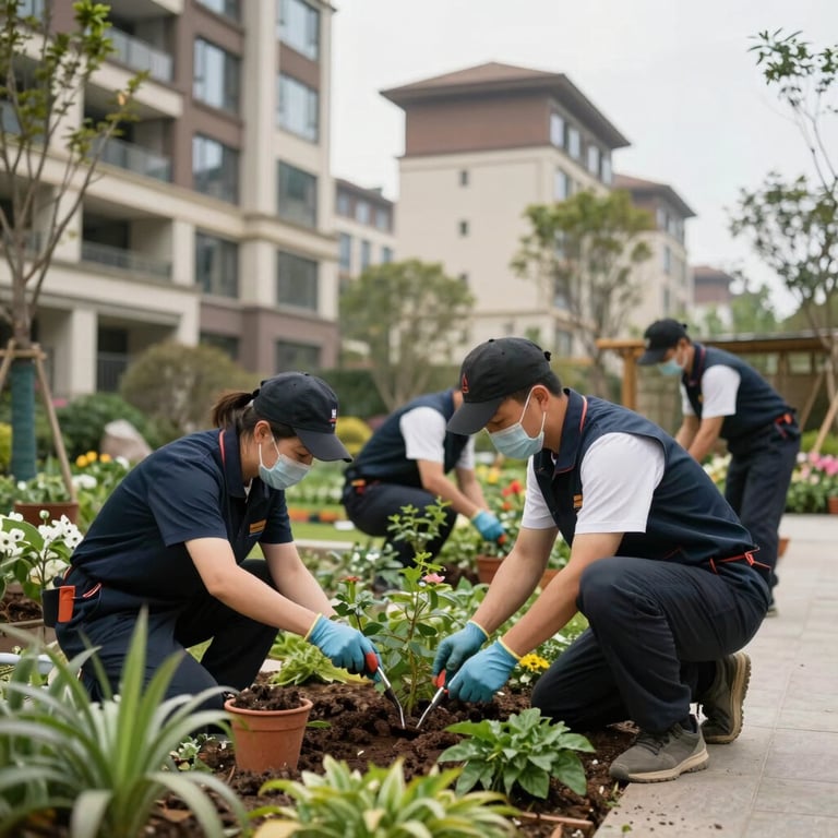 A team of professionals in uniform performing seasonal garden maintenance in a high-end residential complex.