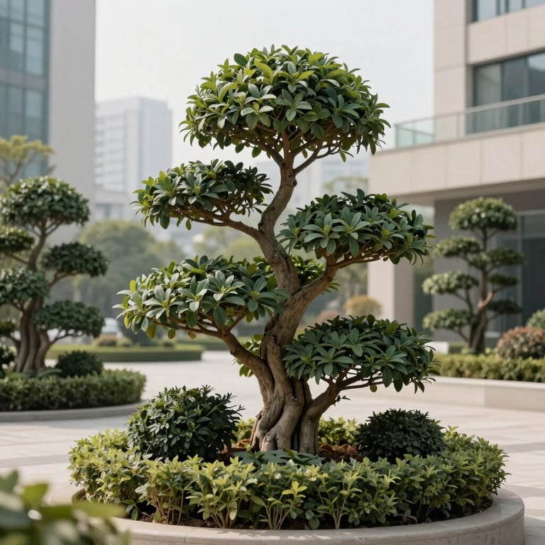 Expertly pruned ornamental trees and shrubs in a modern urban park setting, sage green and beige tones.