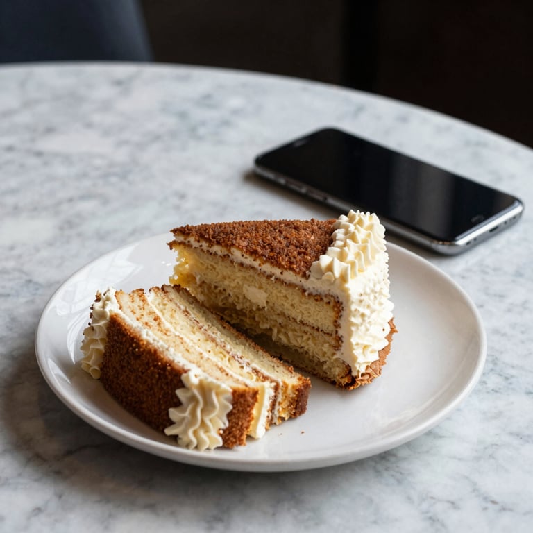 Delicious slices of cake served on a marble table next to a business smartphone, South American setting.
