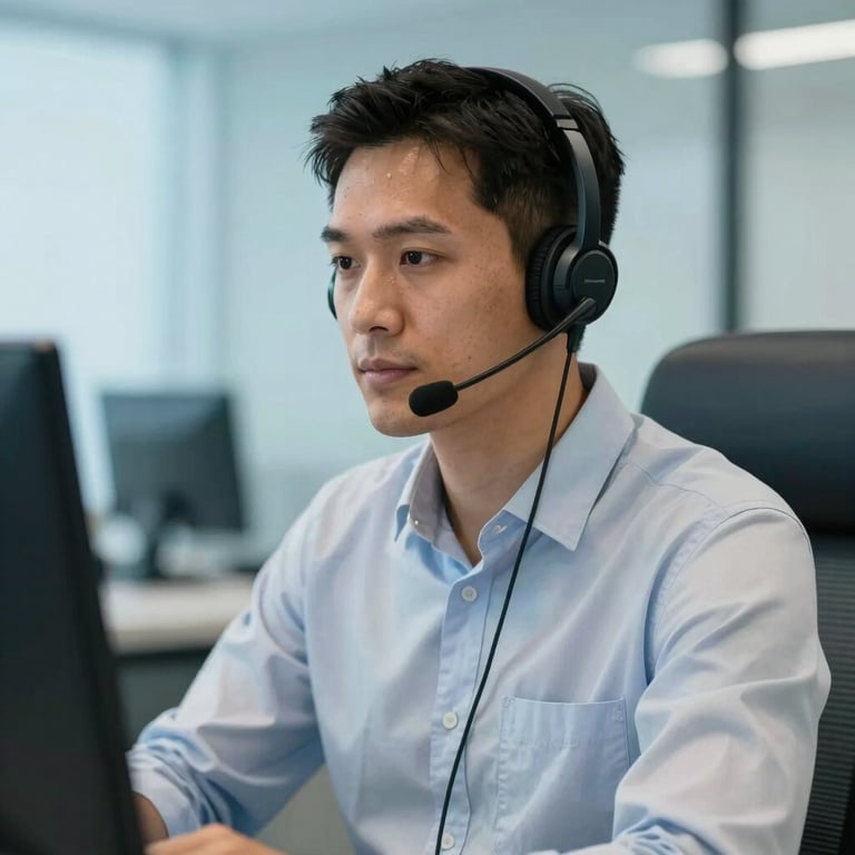 A South American Brazilian professional using a headset in a modern office with light blue decor.