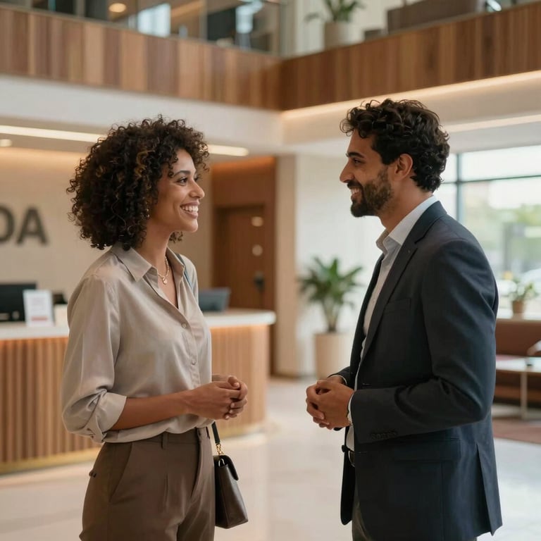 Friendly interaction in a bright Brazilian corporate lobby featuring wooden accents and warm lighting.