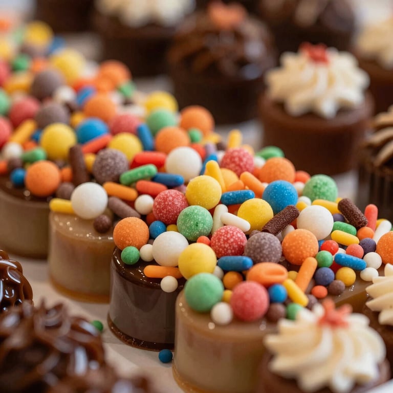 Macro shot of colorful confectionery toppings in a high-end Brazilian sweets shop.