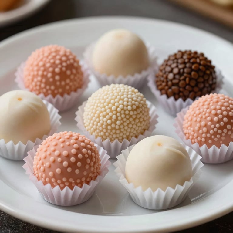 Close-up of assorted traditional Brazilian brigadeiros on a white ceramic plate, professional lighting, palette of peach and off white.