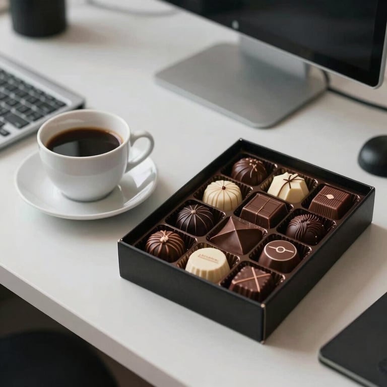 View of a modern workstation with a cup of coffee and a box of artisan chocolates, professional atmosphere.