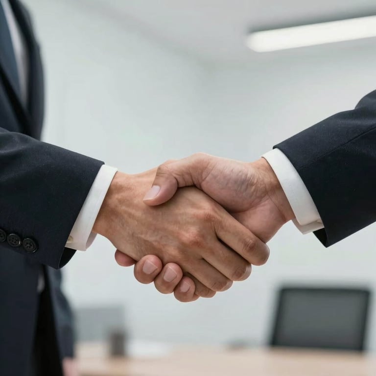 A crisp, professional close-up of a handshake between business partners in a minimalist office setting.