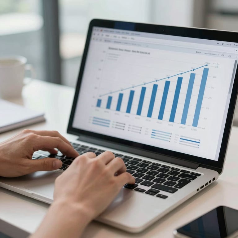 Close-up of hands working on a laptop displaying sales growth charts in a bright, modern office.