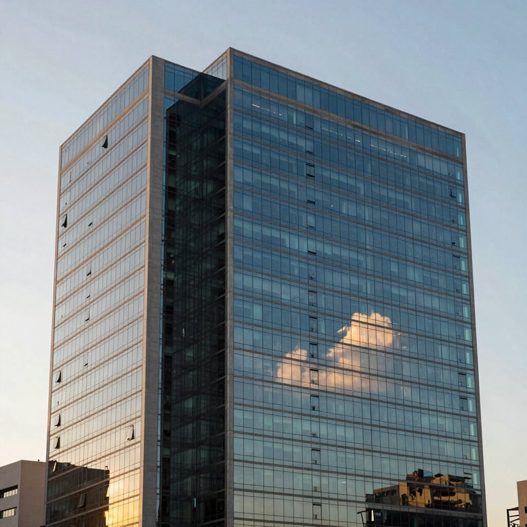 The exterior of a sleek, contemporary corporate building in Brazil during the golden hour with soft blue glass reflections.