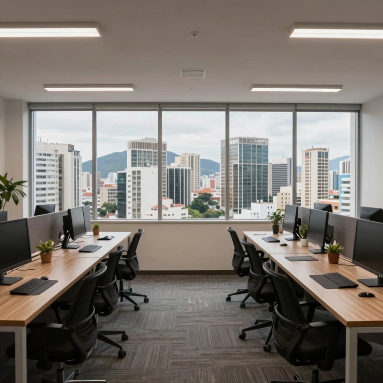 A clean, organized coworking space with a panoramic view of a Brazilian metropolitan skyline.