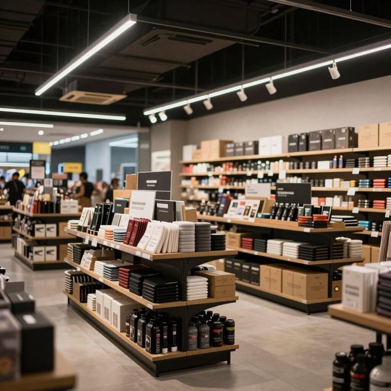 A modern retail environment in a South American city, showcasing organized product displays and professional lighting.