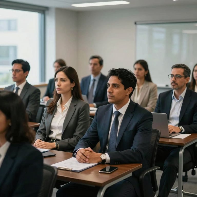 A focused corporate training session in a high-tech meeting room with professional South American adults.