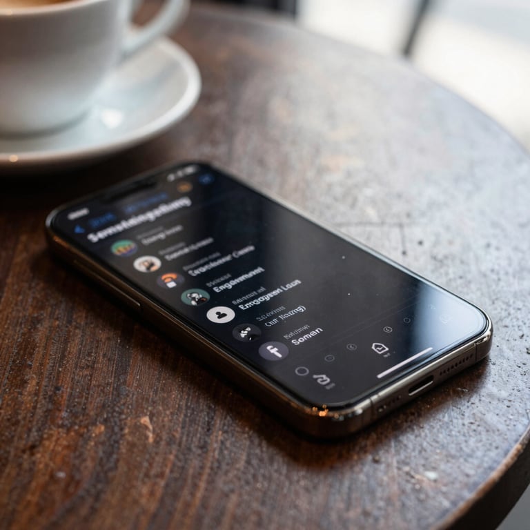 Close-up of a premium smartphone on a coffee shop table displaying high-engagement social metrics, natural morning light.