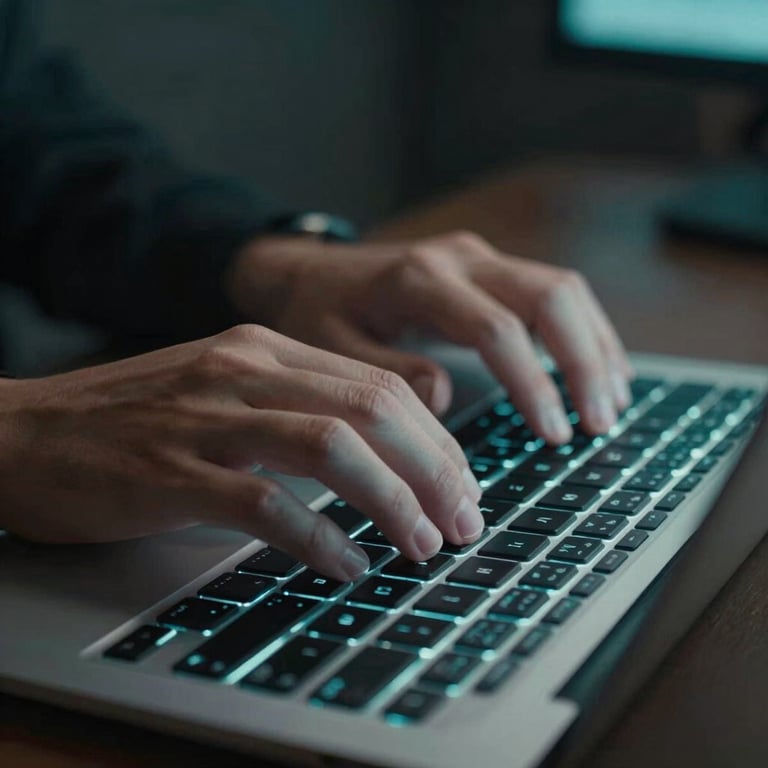 Hands typing on a sleek backlit keyboard in a dim room with soft teal ambient glow, professional aesthetic.