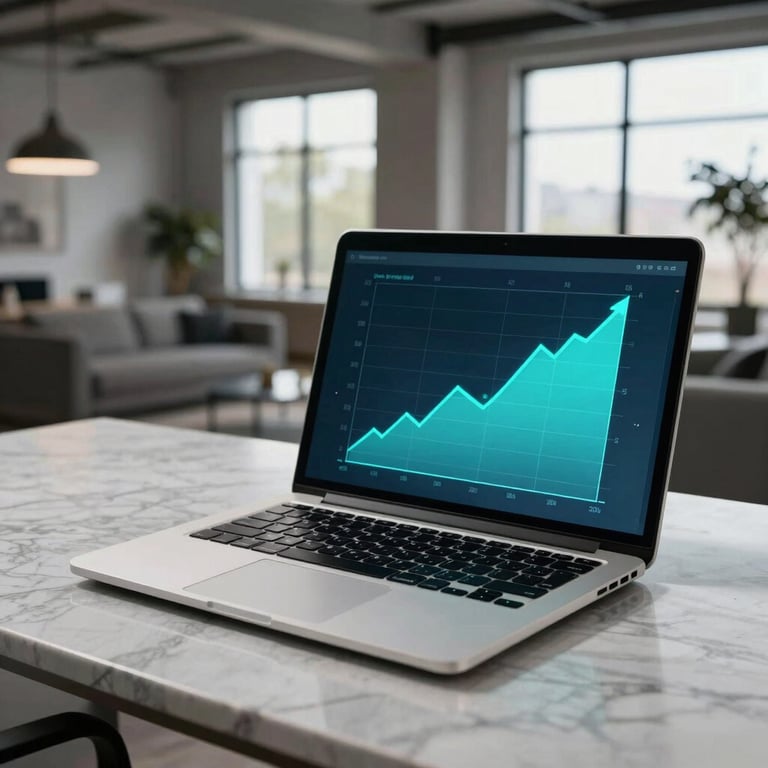 A high-end laptop showing growth charts on a marble desk in a modern North American loft, vibrant cyan lighting accents.