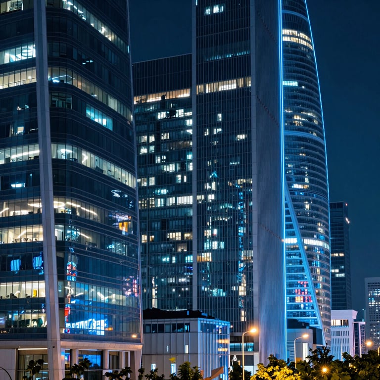Modern urban skyline at night with neon blue and indigo lights reflecting on futuristic glass architecture.