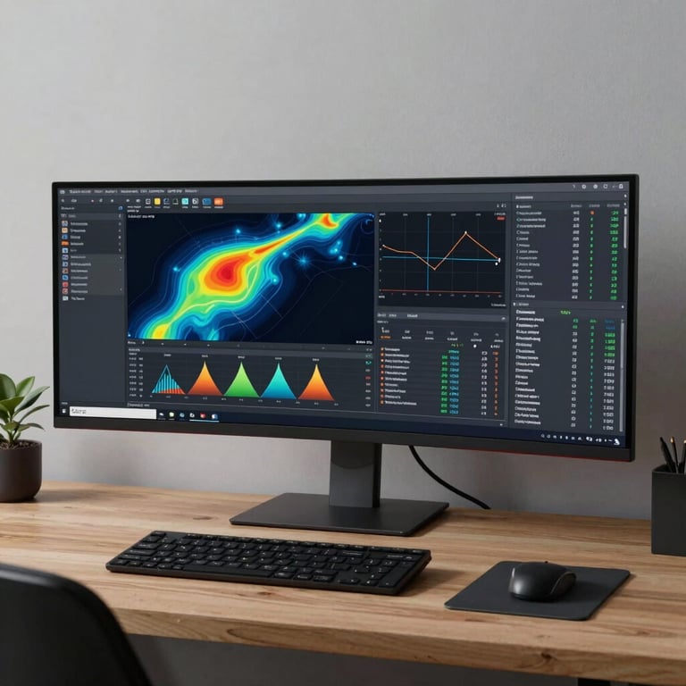 Minimalist creative workspace with a large ultra-wide monitor showing complex data analytics and heatmaps.